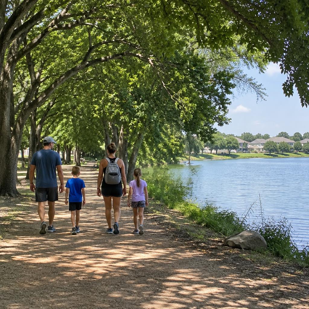 Family on a shaded lakeside trail